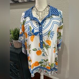 NWT  $ 119 John Mark Blue and Orange Floral tropical boho retro  Blouse 1x